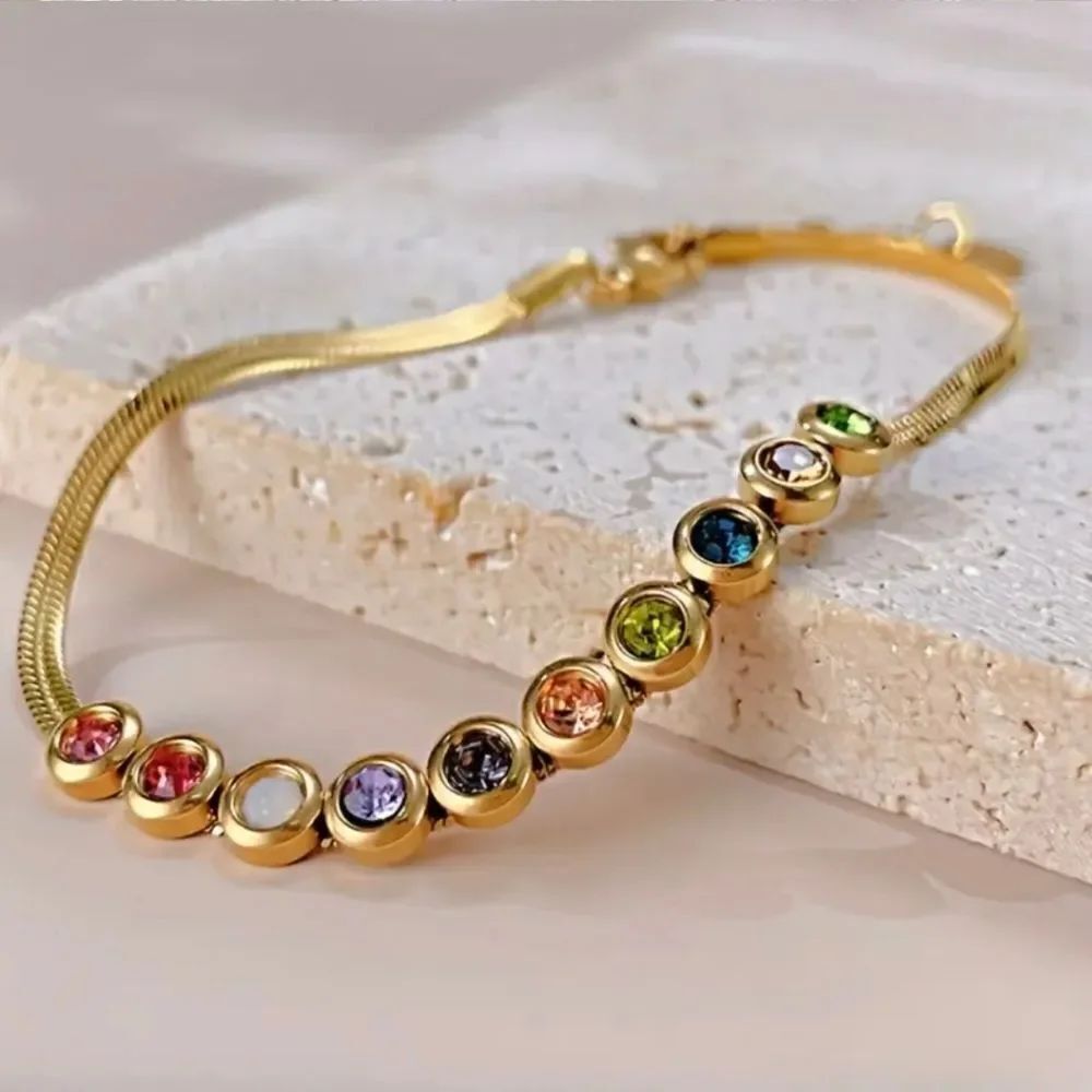 Titanium Steel Gold Multi Colored Rhinestone Bracelet